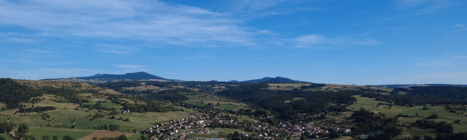 Panorama depuis Laussonne : prés, forêts et la ligne des monts du Mézenc